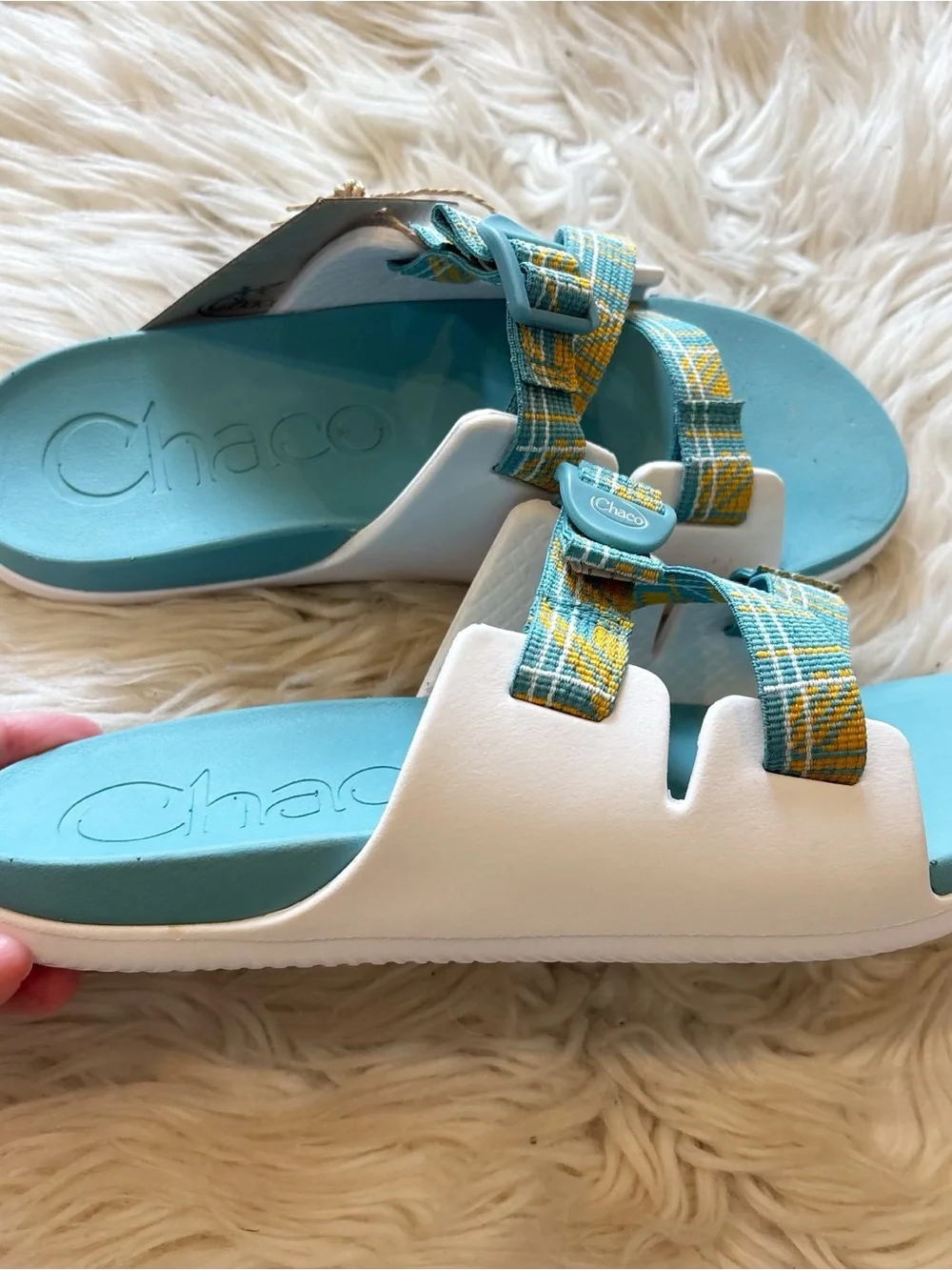 Chaco Chillos Kids Court Sandals Size 6 Porcelain Blue Yellow Strappy Slides NEW